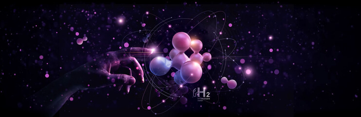 Hand touch of hydrogen H2 gas molecule. Clean energy. Sustainable alternative clean hydrogen H2 energy on future. Science and environment. 3D render.