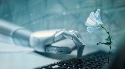 Robot hand working and analysis data on laptop and happy with white flower on table, AI, Artificial...