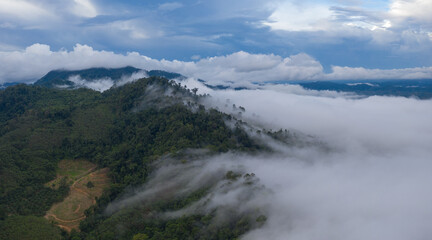 aerial view scenery sunrise above the mountain in tropical rainforest..slow floating fog blowing cover on the mountain look like as a sea of mist. .beautiful sunrise in the mist background.