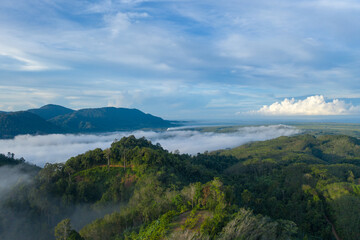 Plakat aerial view scenery sunrise above the mountain in tropical rainforest..slow floating fog blowing cover on the mountain look like as a sea of mist. .beautiful sunrise in the mist background.