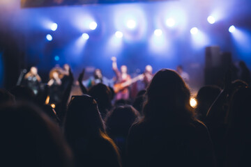 Crowd at concert and blurred stage lights.