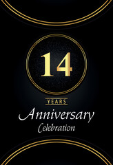 14 years anniversary celebration logo with silver dotted and golden ring borders on black background. Premium design for poster, banner, weddings, birthday party, celebration events, greetings card.