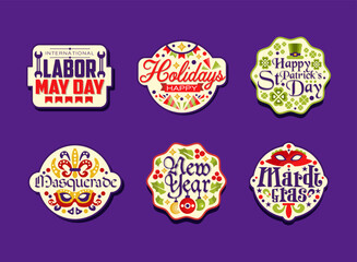 Collection of holiday stickers. Labour day, Saint Patrick day, masquerade, New Year, Mardi gras labels, badges cartoon vector illustration - obrazy, fototapety, plakaty