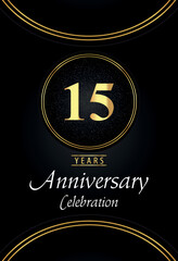 Fototapeta premium 15 years anniversary celebration logo with silver dotted and golden ring borders on black background. Premium design for poster, banner, weddings, birthday party, celebration events, greetings card.
