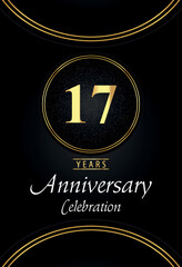 17 years anniversary celebration logo with silver dotted and golden ring borders on black background. Premium design for poster, banner, weddings, birthday party, celebration events, greetings card.