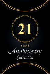 21 years anniversary celebration logo with silver dotted and golden ring borders on black background. Premium design for poster, banner, weddings, birthday party, celebration events, greetings card.