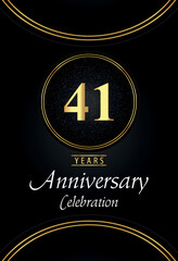 41 years anniversary celebration logo with silver dotted and golden ring borders on black background. Premium design for poster, banner, weddings, birthday party, celebration events, greetings card.