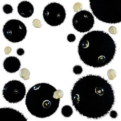 set of black furry monsters and skulls - 3d render illustration on a transparent background