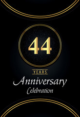 44 years anniversary celebration logo with silver dotted and golden ring borders on black background. Premium design for poster, banner, weddings, birthday party, celebration events, greetings card.