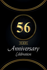 56 years anniversary celebration logo with silver dotted and golden ring borders on black background. Premium design for poster, banner, weddings, birthday party, celebration events, greetings card.