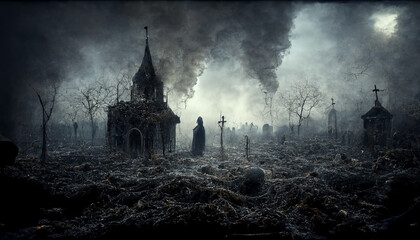 Night scene with creepy church and ghost. Digital art for Halloween.