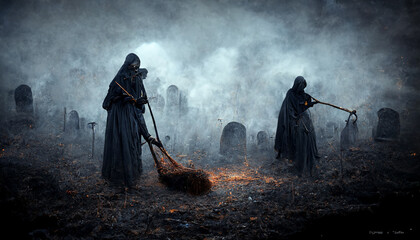 Obraz premium Grim reaper with haunted, creepy graveyard.Digital art