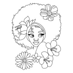 A beautiful black African girl with braids puffs hairstyle with some flowers coloring page outline illustration