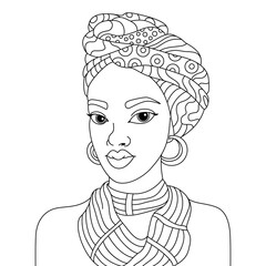 African black woman turban head wrap scarf headscarf Nubian queen vector coloring page outline illustration