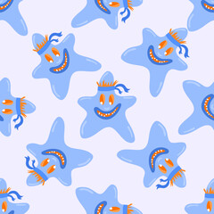 Seamless hello halloween pattern. Pale blue big smiling sea star faces with eyes. Holiday background. For kids textile. Wrapping and gift paper 