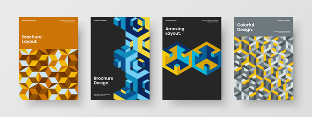 Naklejka premium Unique corporate cover A4 vector design layout bundle. Bright geometric tiles front page template collection.