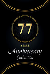 77 years anniversary celebration logo with silver dotted and golden ring borders on black background. Premium design for poster, banner, weddings, birthday party, celebration events, greetings card.