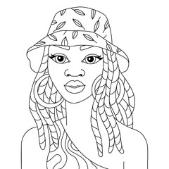 African black woman braids hairstyle with summer cap afro girl vector coloring illustration