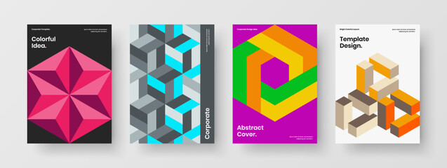 Multicolored pamphlet design vector illustration set. Isolated geometric tiles company identity layout collection.