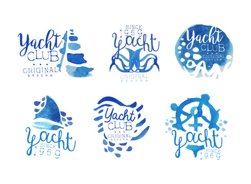 Yacht Club Retro Logo Design Set. Sailing Sports Blue Watercolor Labels Vector Illustration