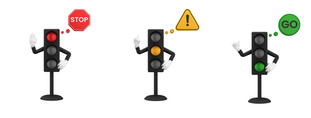3d rendering of traffic light sign with expressive hand, 3d icons set with transparant background