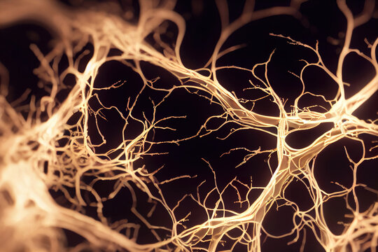 Neural network illustration, nervous system, axons, dendrits, glowing nerve cells, science background wallpaper, 3d illustration, 3d illustration