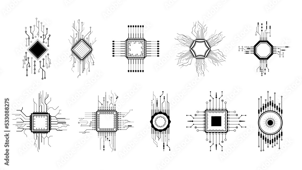 Aufkleber set abstract collection black simple line cpu, computer, technology doodle outline element vector de