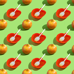 Seamless pattern with fresh apple and apple shaped bowl filled with honey for Jewish holiday Rosh...