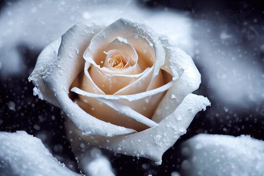 A Frozen rose with snow and ice on it - 3D digital illustration made to look like a macro photograph