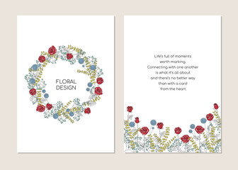 Greeting card template in minimalistic line art style. Flowers Rose, eucalyptus, echinops, gypsophila. Editable line. Vector illustration