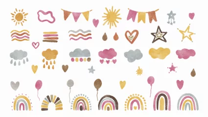 Tuinposter Boho dieren Set of stickers rainbow, heart, star, balloon, cloud watercolor illustration on white background.