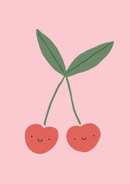 Cute Cheerful Cherries on Pink Background. Simple Hand Drawn Vector Illustration. Design Element for Poster, Card, Invitation, T-shirt Print, Playroom Wall Hanging.