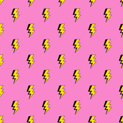 Lightning bolts seamless pattern in cartoon, comic style. Thunder lights wallpaper. Bright pink background.