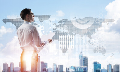 Concept of business success and control with confident boss against cityscape background