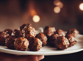 Hands holding a plate with meatballs, food photography and illustration