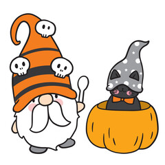 Gnome and black cat Halloween, Cute cartoon character vector.