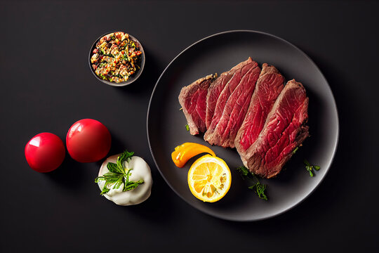 Beautifully plated steak and, flat lay, food photography and illustration