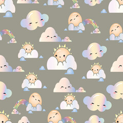 Kawaii Cute Rainbow and Clouds seamless pattern