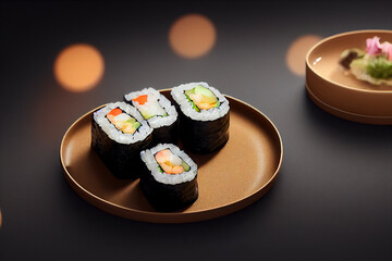 Beautifully plated sushi roll, black background, food photography illustration