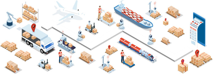 3D isometric Global logistics network concept with Transportation operation service, Export, Import, Cargo, Air, Road, Maritime delivery. Transparent PNG illustration