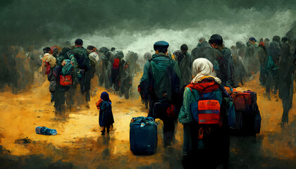 crowd of people with bags and backpacks walking - refugee crisis concept, neural network generated art - obrazy, fototapety, plakaty