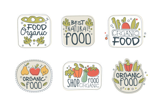 Best natural food labels set. Organic shop, farm market and eco natural products badges hand drawn vector illustration