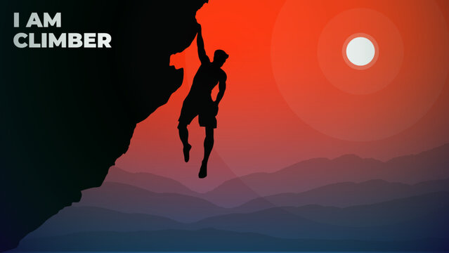 Mountain climber walpaper for desktop. Rock climber. Silhouette of a rock climber. climber on a cliff with mountains as a background. Extreme rock climber background.
