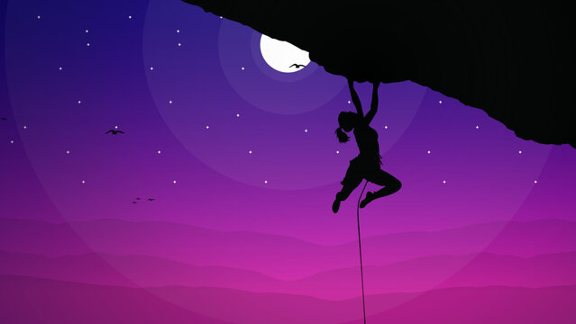 climber on a cliff with mountains as a background. Silhouette of a rock climber. Mountain climber walpaper for desktop. Rock climber. Extreme rock climber background.