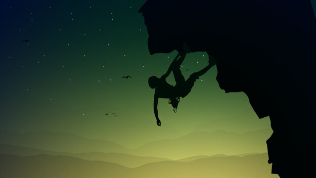 climber on a cliff with mountains as a background. Mountain climber walpaper for desktop. Rock climber. Extreme rock climber background. Silhouette of a rock climber.