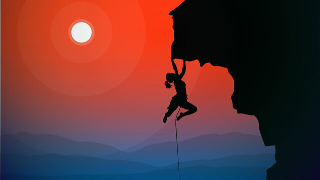 climber on a cliff with mountains as a background. Mountain climber walpaper for desktop. Silhouette of a rock climber.Extreme rock climber background. Rock climber.