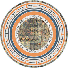 Round vector carpet, kilim print pattern or jacquard knitting design, supla, tablecloth, hat, accessory, print design. Geometric motifs line, stripes, border and marble textured . antique vintage chic