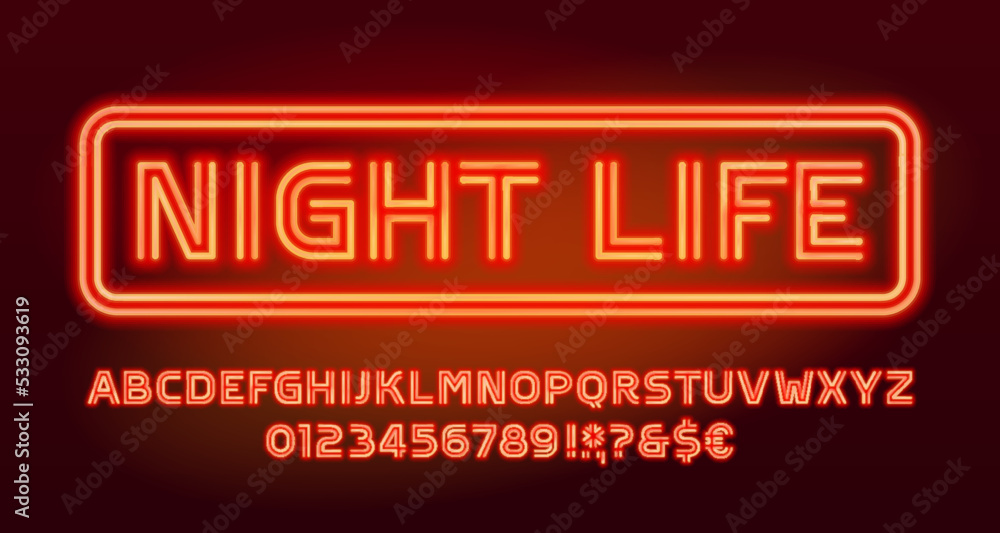 Aufkleber night life alphabet font. neon letters and numbers. stock vector typescript for your design.