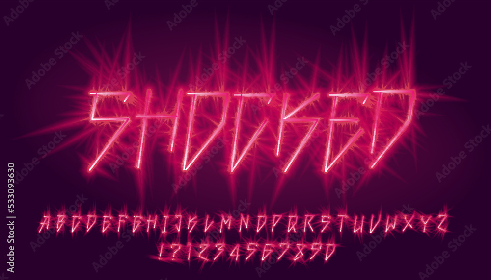 Poster shocked alphabet font. electric letters and numbers. stock vector typescript for your design.