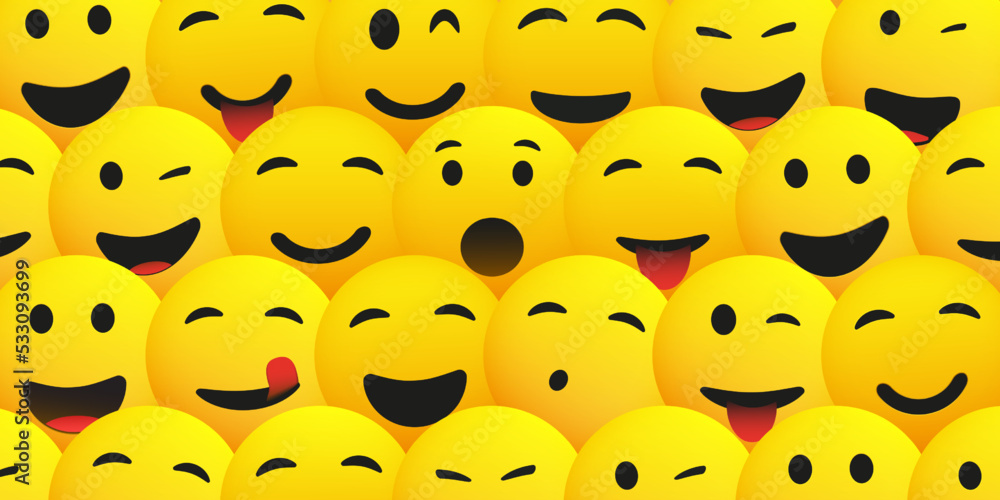 Poster pattern background of dense crowd of yellow emoticons with various facial expressions - many winking